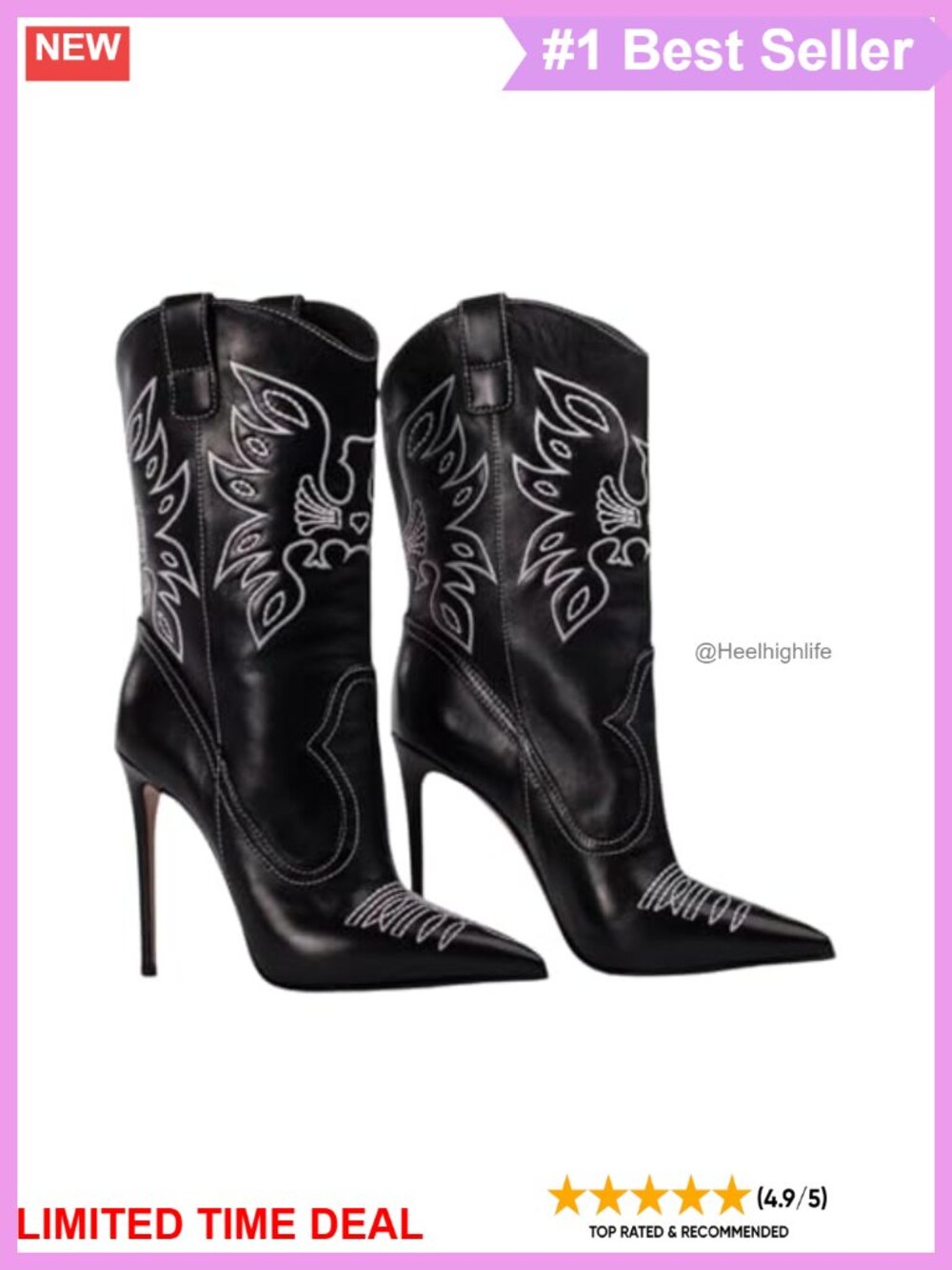 Western Cowboy Stiletto Heel Boots Embroidered Denim Pointed Toe Mid-Calf